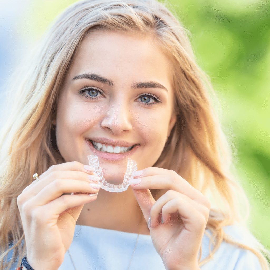 Girl holding Invisalign a and smiling.