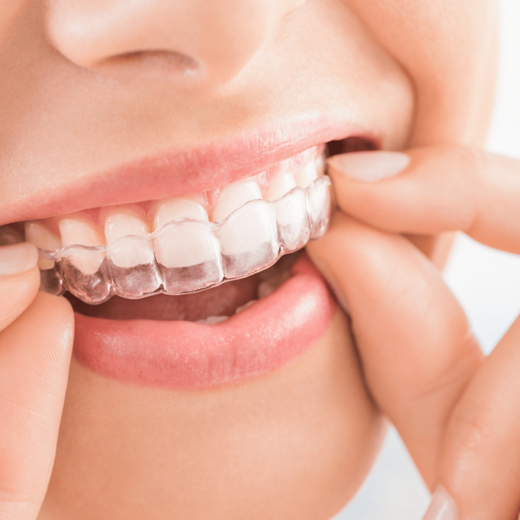 Person applying dental aligner.